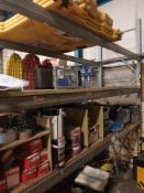 Three tier shelving unit and contents to include safety barriers, fixing, unused paints, wire, elect