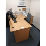 Contents of office to include two light wood effect desks with pedestal units, three operator chairs