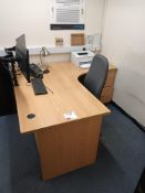 Contents of office to include two light wood effect desks with pedestal units, three operator chairs