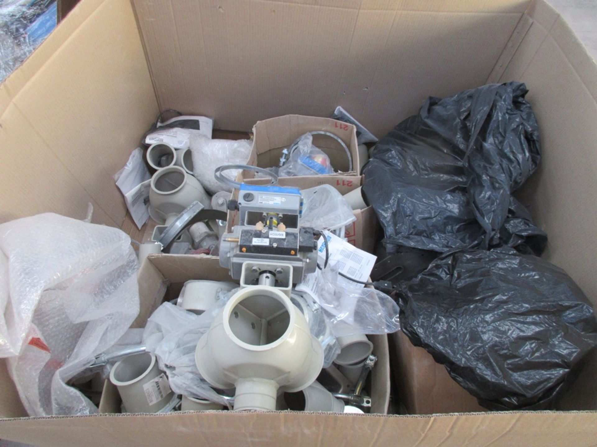 Four pallets of assorted plastic pipe fittings, ducting, steel pipe fittings, brackets, valves, - Image 10 of 14