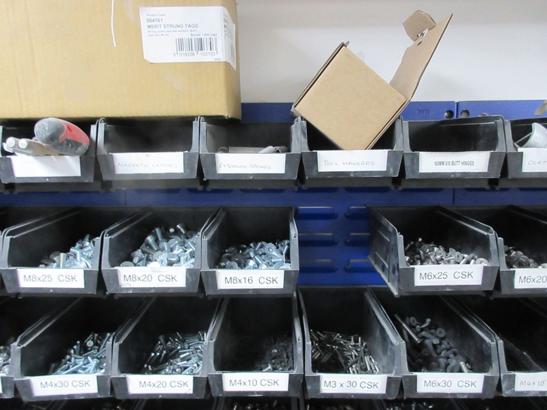 Wall mounted component storage bin racks, storage bins and quantity of assorted stock to include - Image 5 of 15