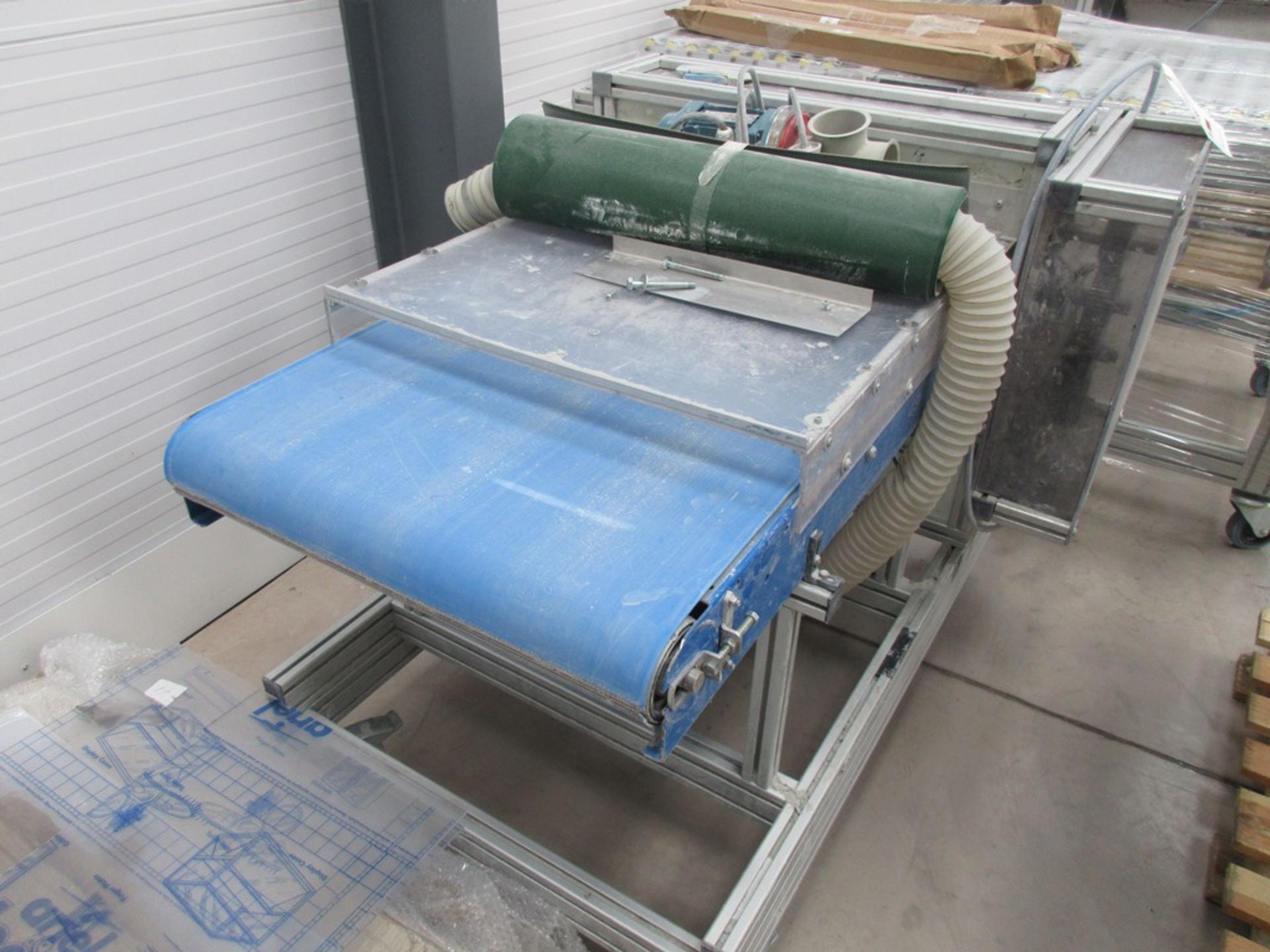 Un-named conveyor fed product masher, 650mm infeed belt conveyor, mash dimensions 700 x 200mm