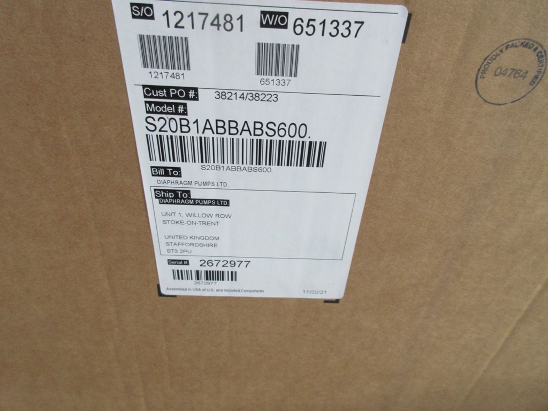 Sandpiper S20B1ABBBS600 diaphragm pump, serial no. 2672977 (boxed/un-used, box date 2021) - Image 2 of 3