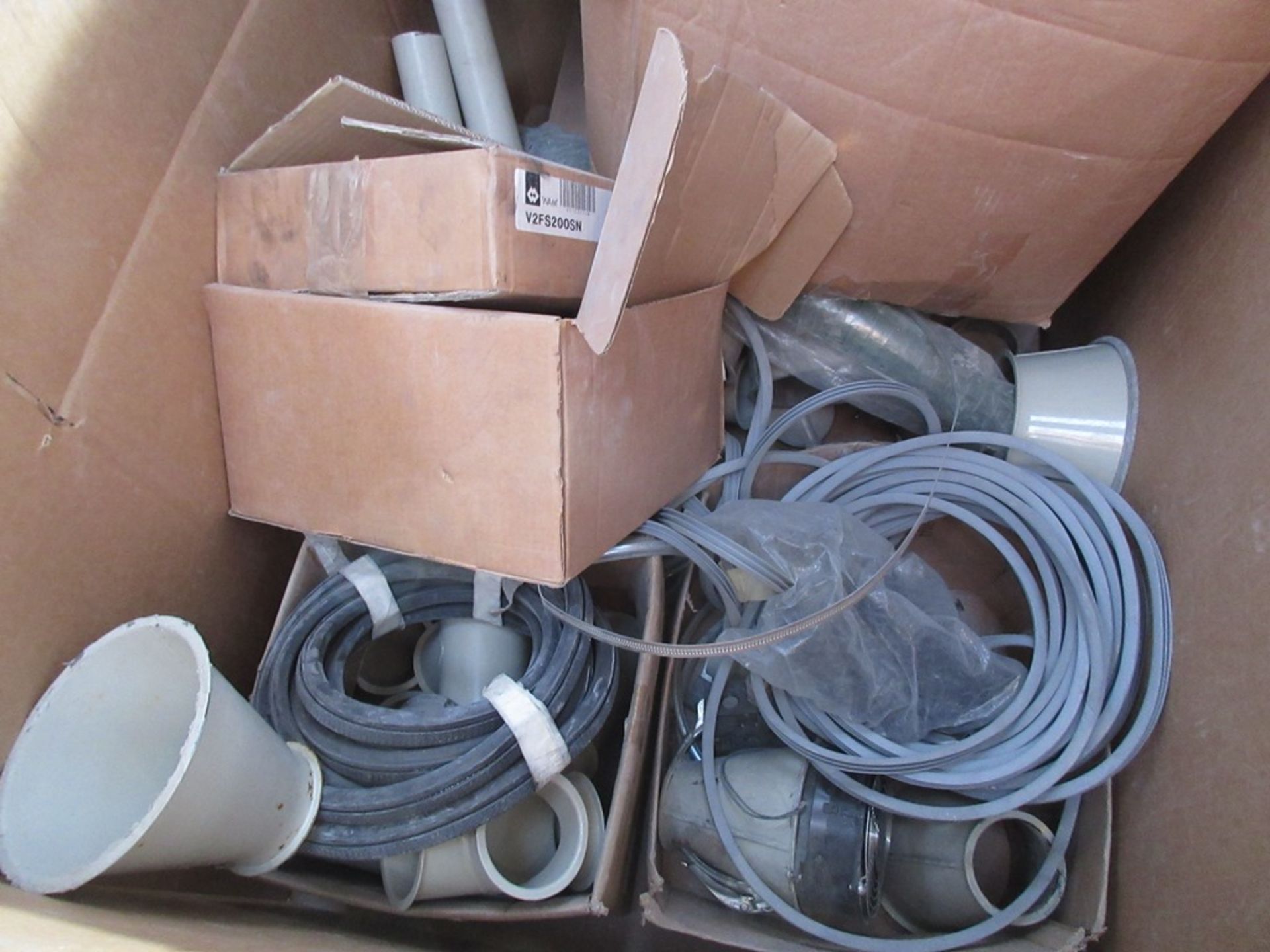 Four pallets of assorted plastic pipe fittings, ducting, steel pipe fittings, brackets, valves, - Image 7 of 14