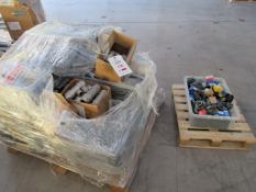 Pallet of assorted stock to include pipe fittings, ball & roller bearings, roller chain, tool