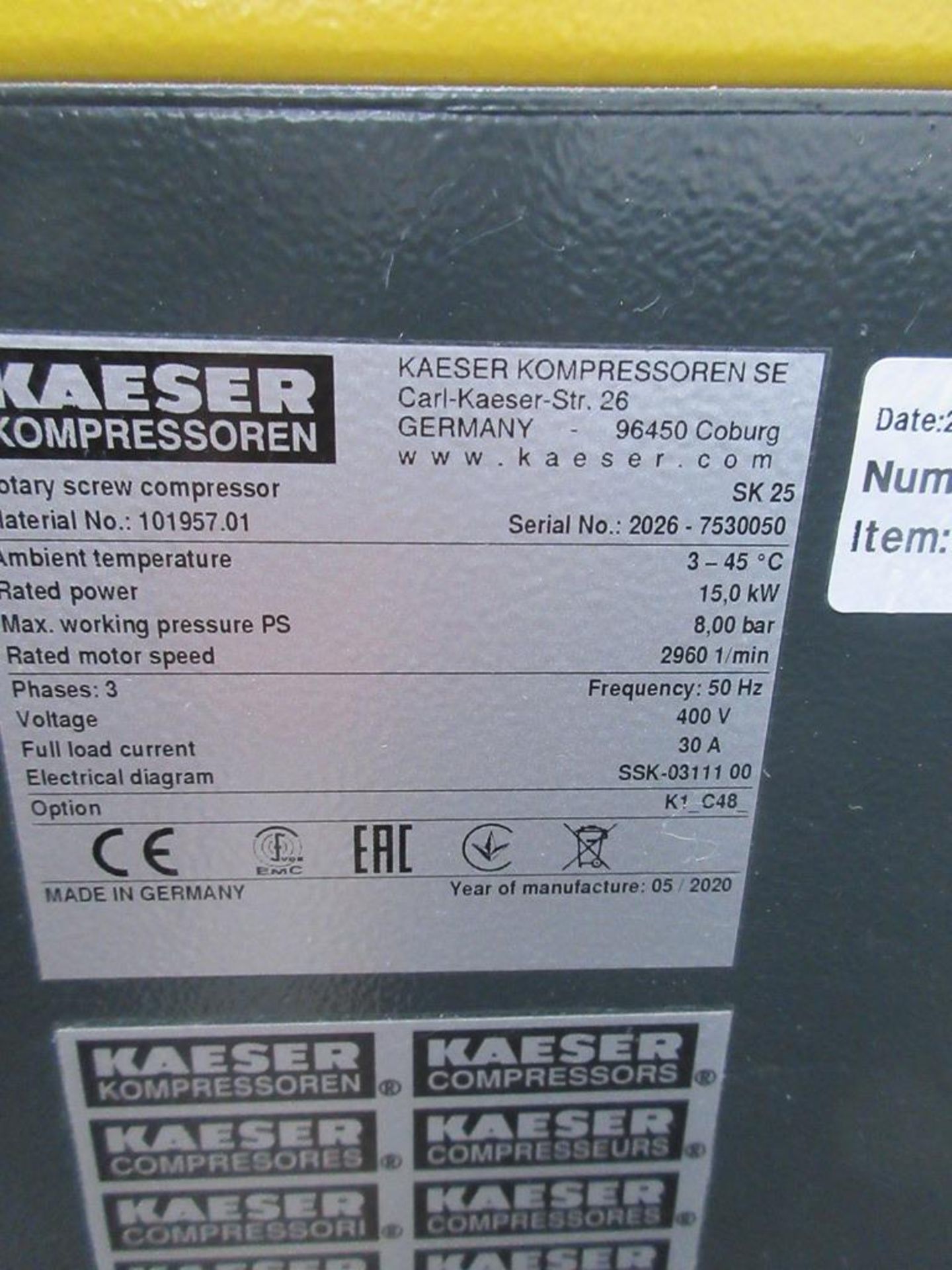 HPC Kaeser SK25 Sigma packaged screw compressor, serial no. 2026-7530050 (2020) - Image 3 of 4