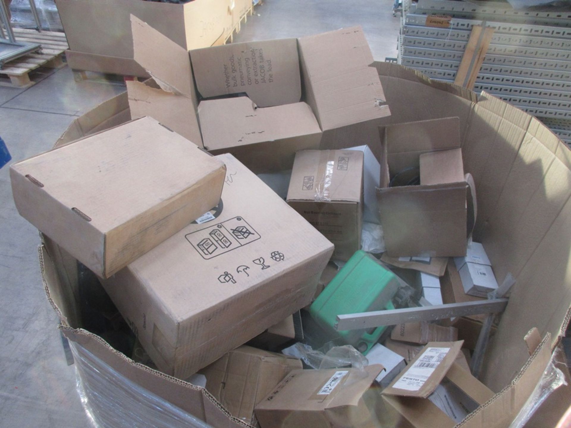 Miscellaneous pallet of pipe fittings, fans, bevel screw spares, enclosures, etc.