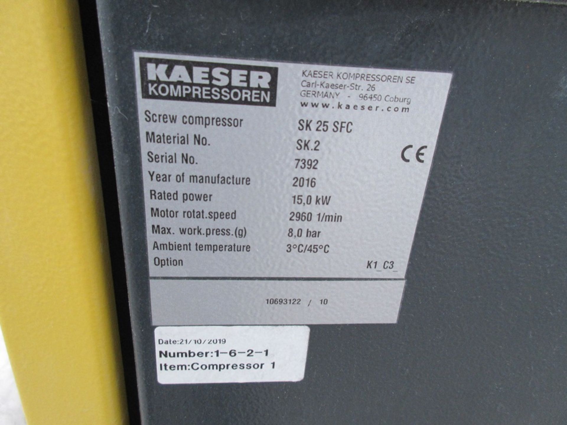 HPC Kaeser SK25 Sigma packaged screw compressor, serial no. 7392 (2016) - Image 3 of 4