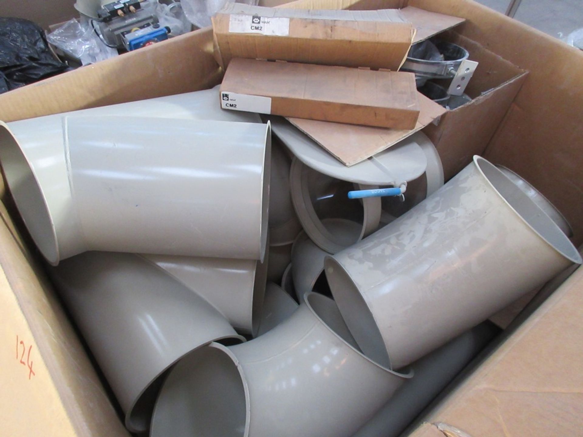 Four pallets of assorted plastic pipe fittings, ducting, steel pipe fittings, brackets, valves, - Image 9 of 14