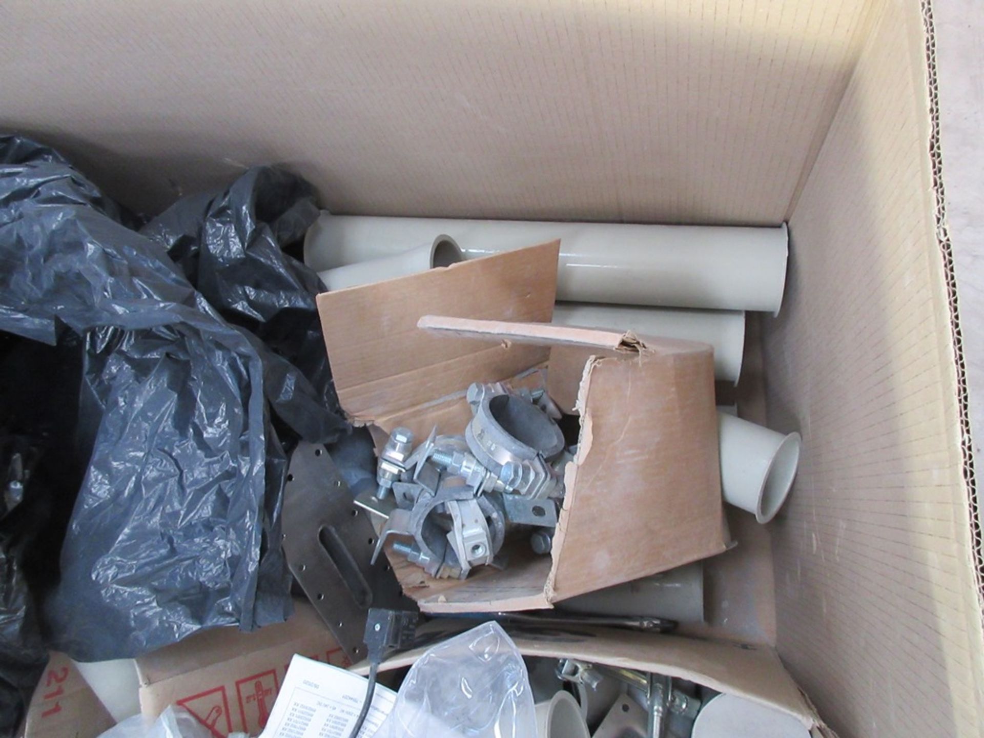 Four pallets of assorted plastic pipe fittings, ducting, steel pipe fittings, brackets, valves, - Image 13 of 14