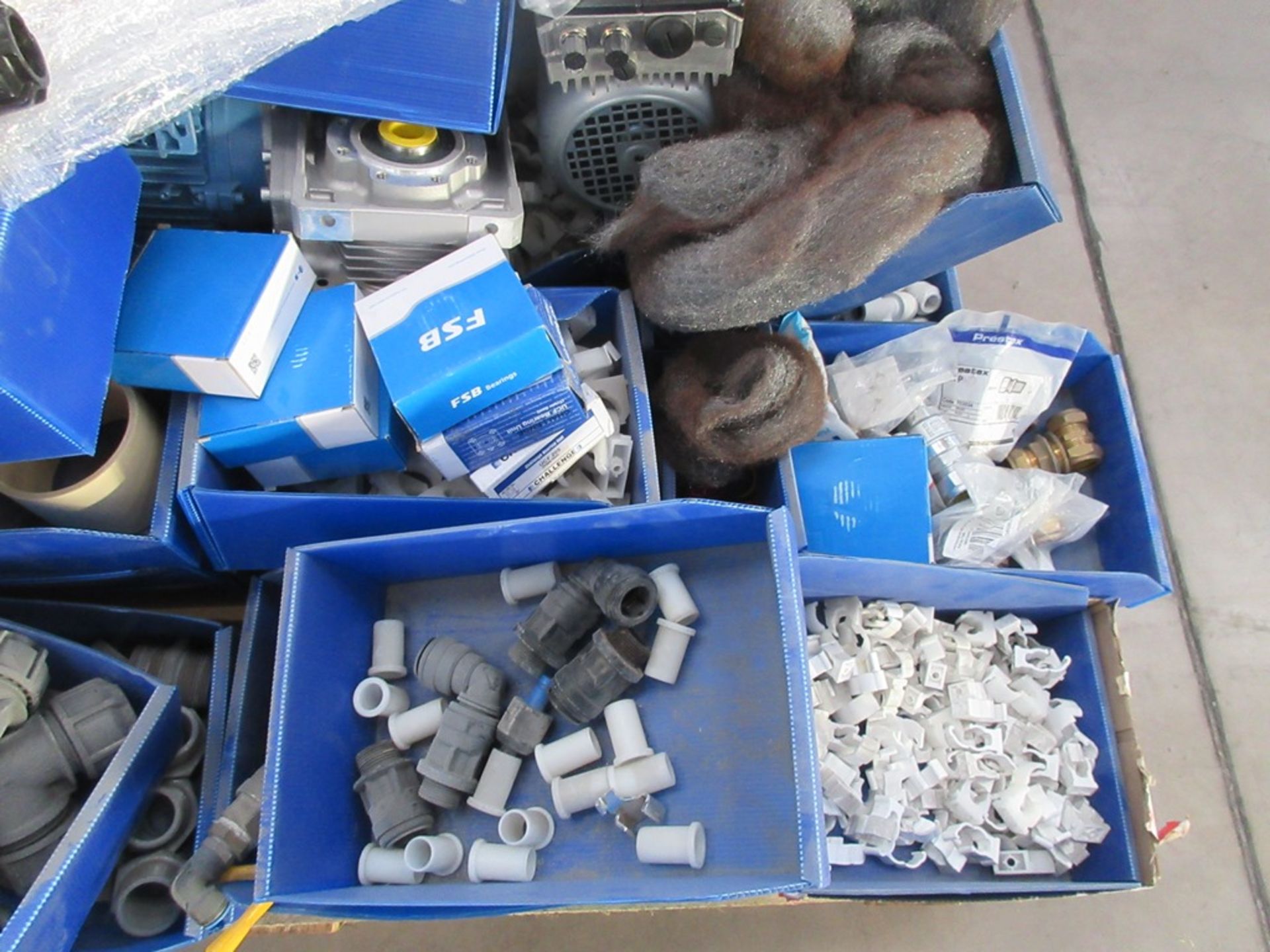 Four pallets of assorted plastic pipe fittings, ducting, steel pipe fittings, brackets, valves, - Image 3 of 14