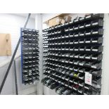 Wall mounted component storage bin racks, storage bins and quantity of assorted stock to include