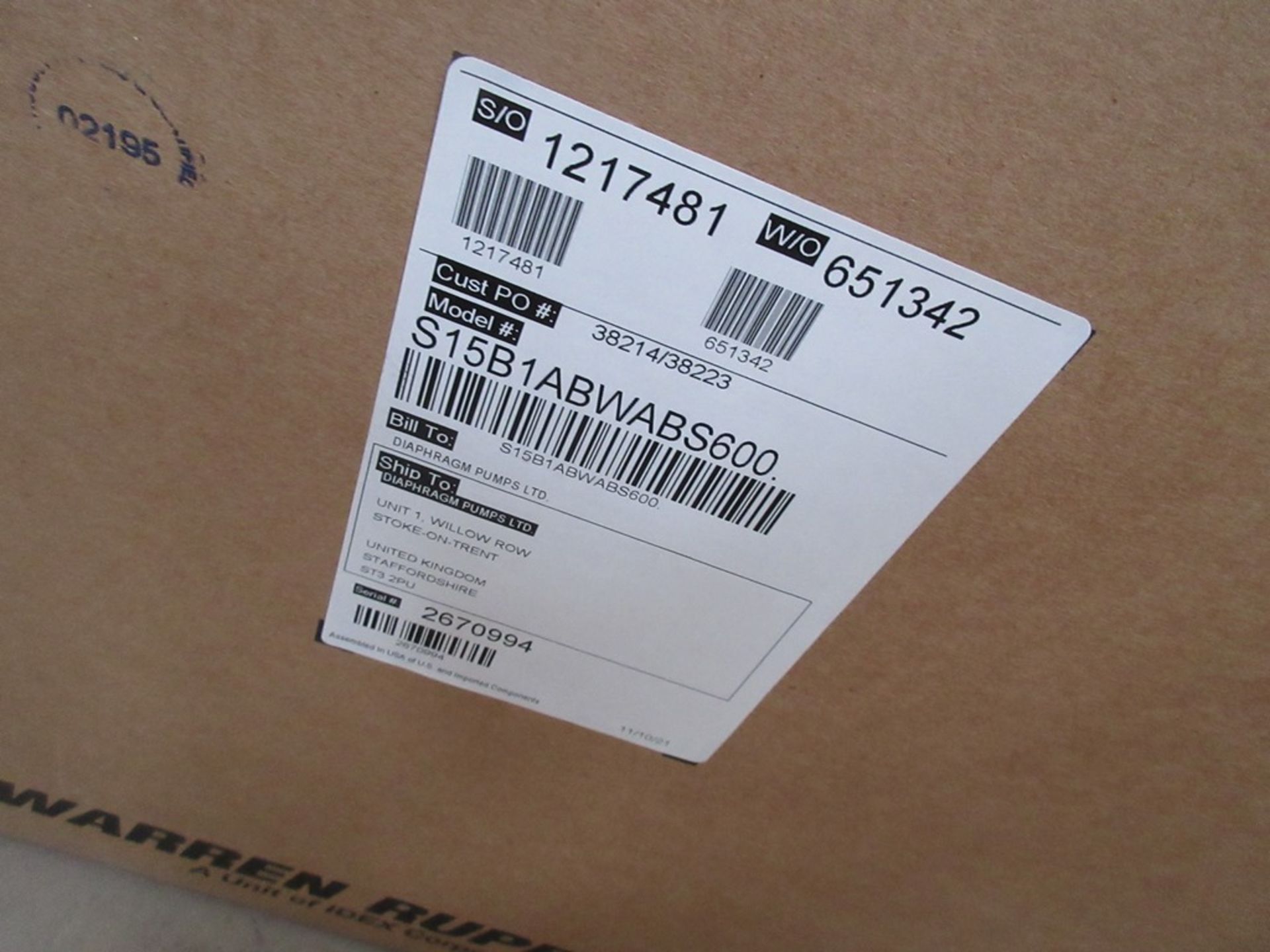 Sandpiper S15B1ABWABS600 diaphragm pump, serial no. 2670994 (boxed/un-used, box date 2021) - Image 2 of 3