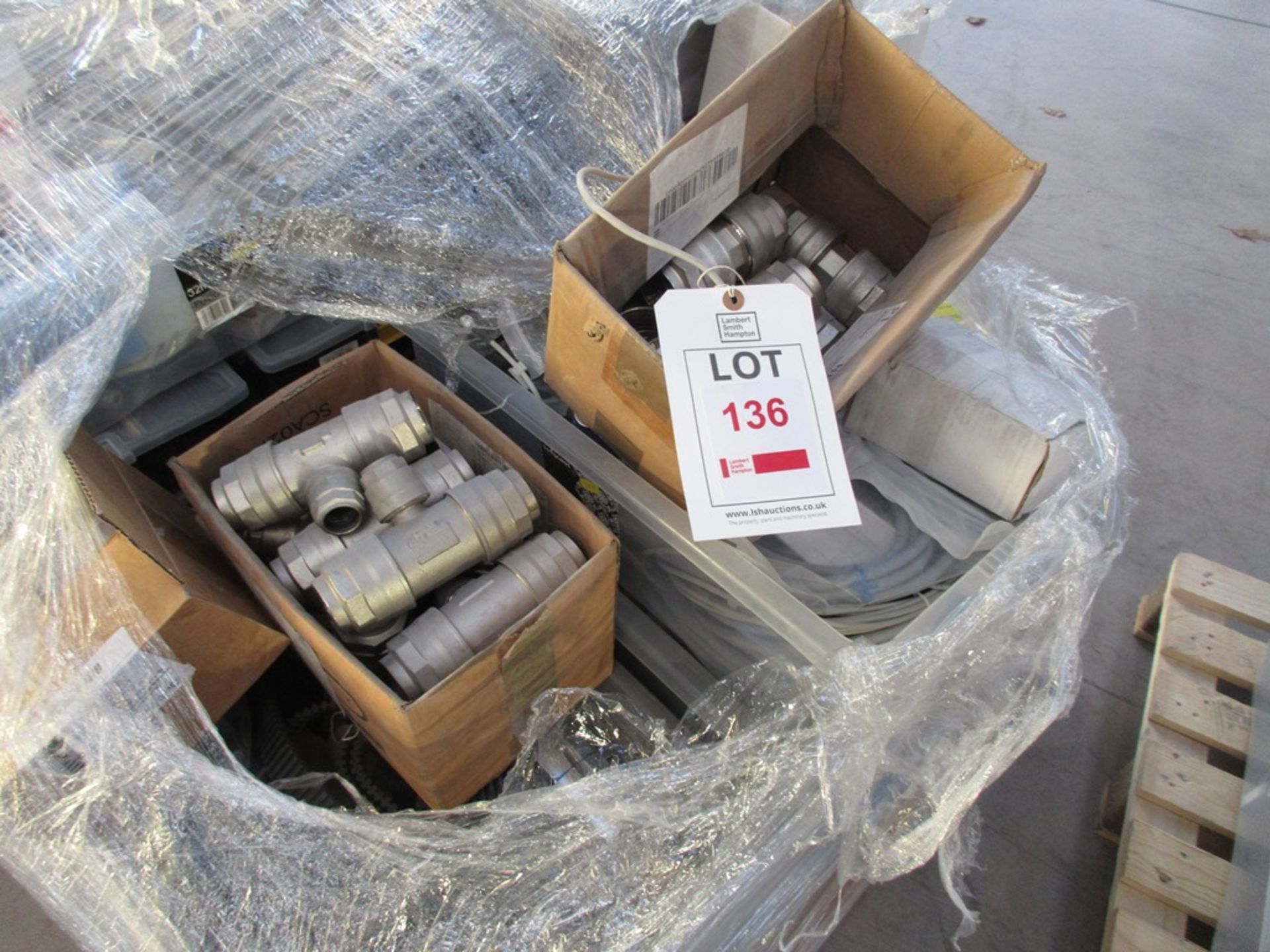 Pallet of assorted stock to include pipe fittings, ball & roller bearings, roller chain, tool - Image 2 of 8
