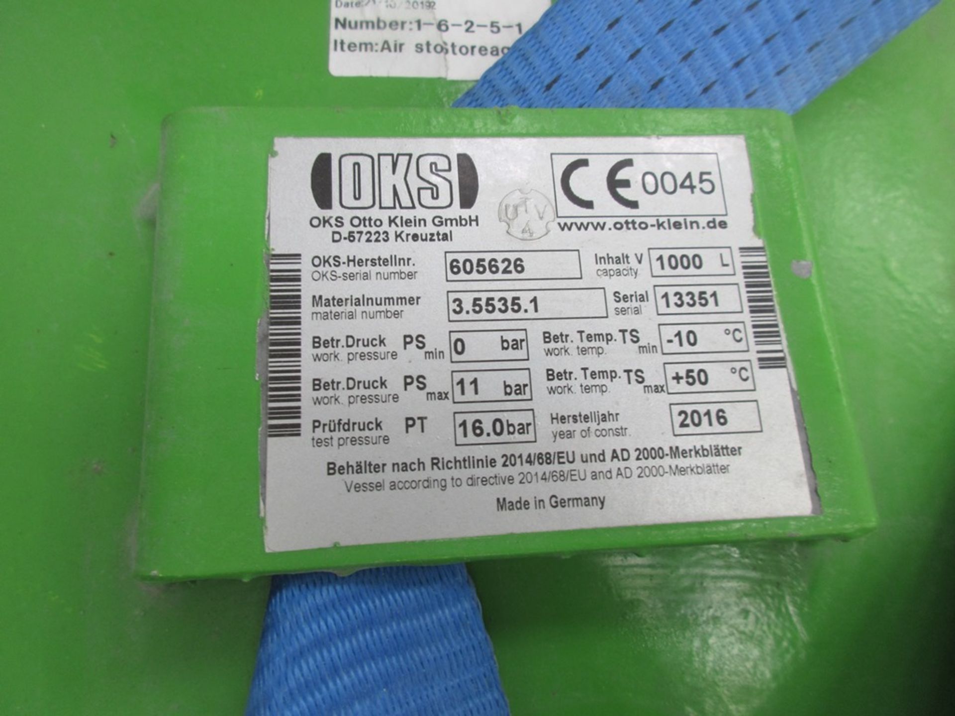 OKS 3.5535.1 steel 1000L vertical air receiver, serial no. 605626 (2016) - Image 2 of 3
