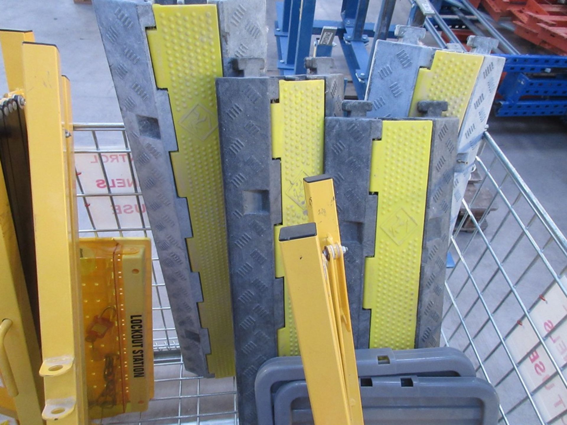 Stillage of four concertina barrier fencing, four safety walkways, mobile transport trolley - Image 4 of 7