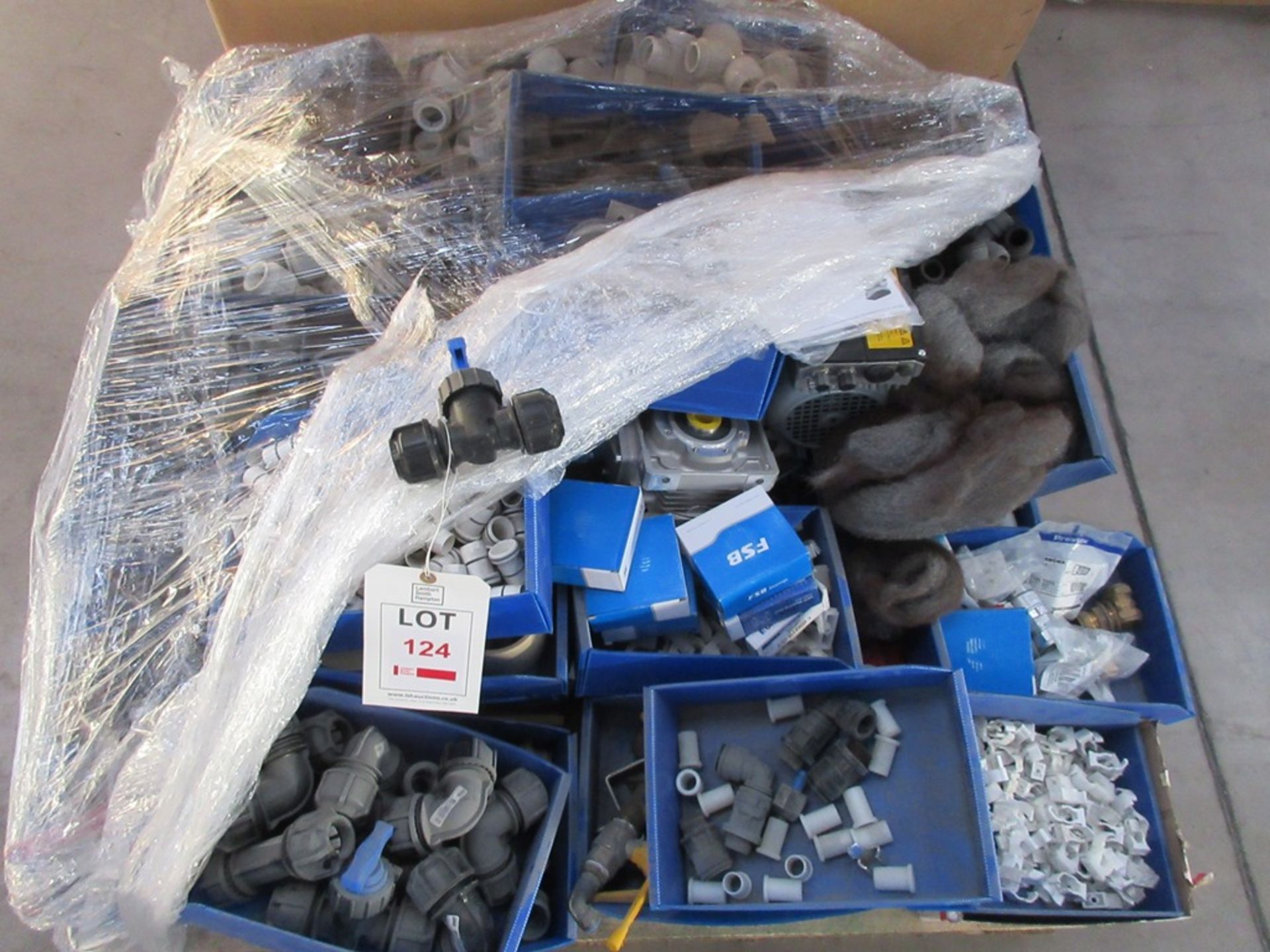 Four pallets of assorted plastic pipe fittings, ducting, steel pipe fittings, brackets, valves, - Image 2 of 14