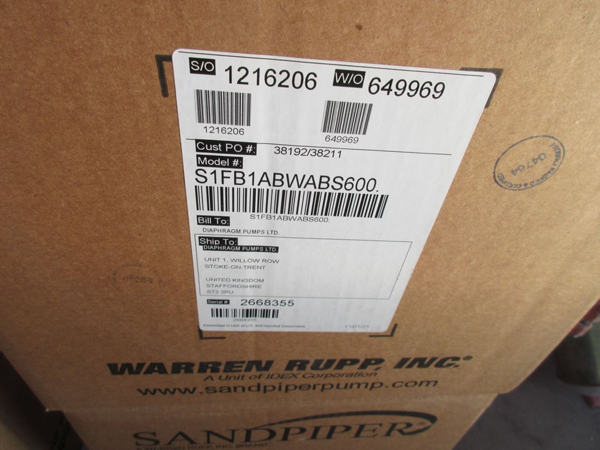 Sandpiper SIFB1ABWABS600 diaphragm pump, serial no. 2668355 (boxed/un-used, box date 2021) - Image 2 of 3