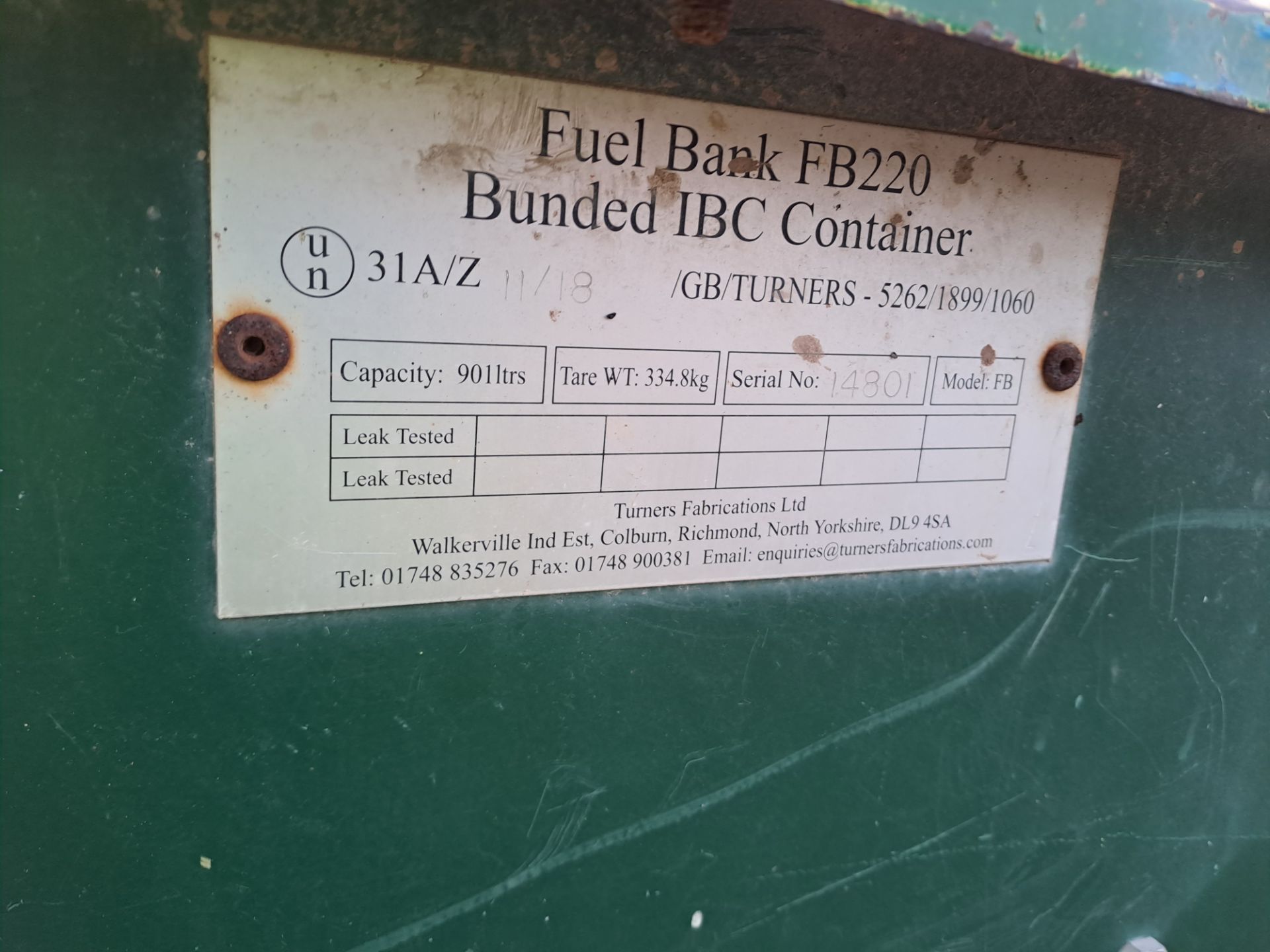 Fuel Bank FB220 bunded IBC skid mounted container, serial no. 14801, capacity 901 ltrs, with - Image 2 of 5
