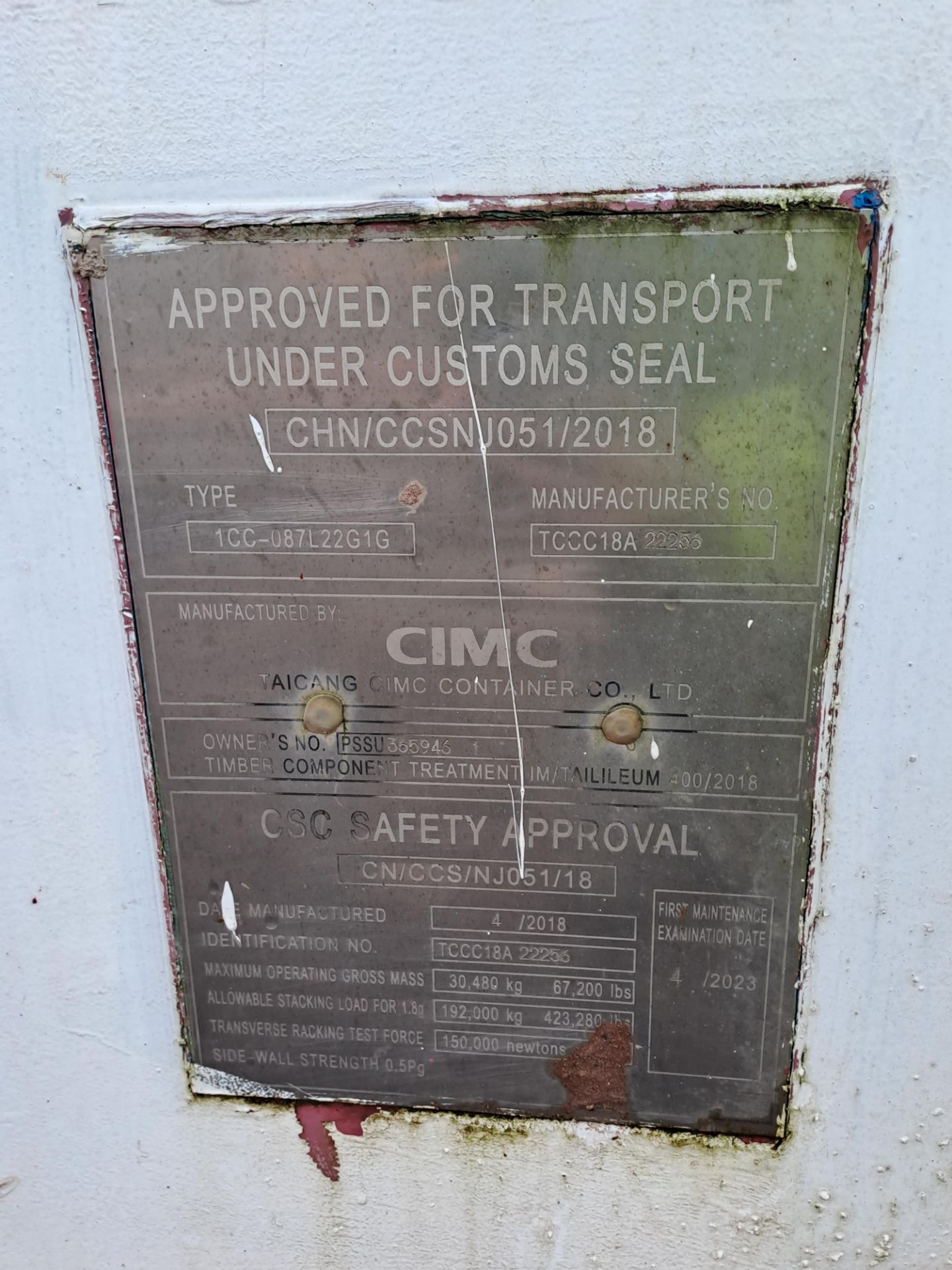 CIMA ICC-087L22G1G 20ft shipping container, serial no. TCCC18A 22256, year 2018 - Image 3 of 3