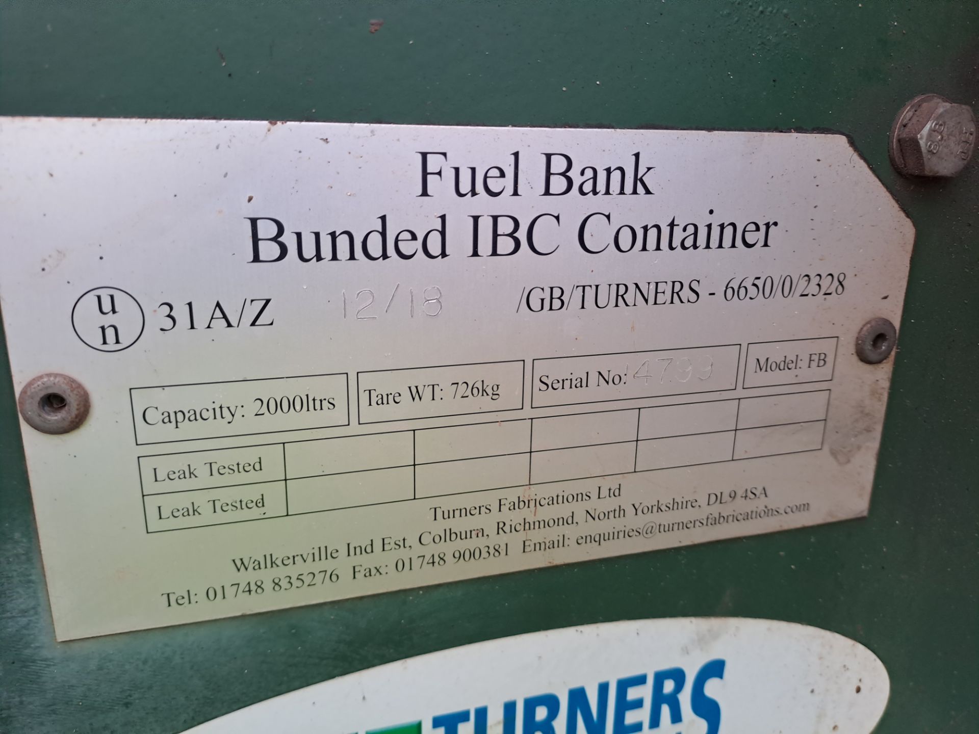 Fuel Bank bunded IBC skid mounted container, serial no. 14799, capacity 2000 ltrs, with pump & hose - Image 3 of 6