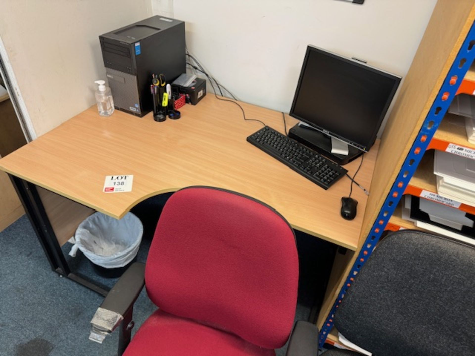 Wave fronted desk, two-door cabinet, three-drawer filing cabinet and three office charts