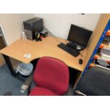 Wave fronted desk, two-door cabinet, three-drawer filing cabinet and three office charts