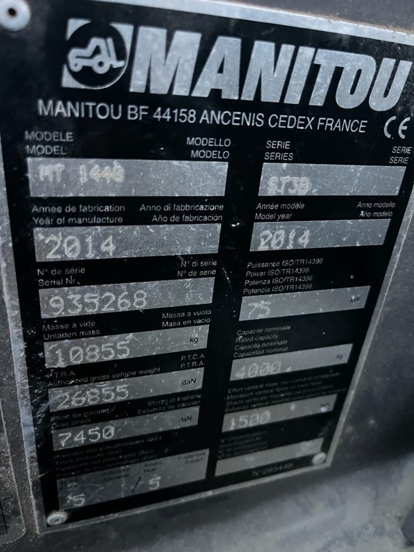 Manitou MT1440 4WD telescopic arm telehandler, Series ST3B, reg. no. KX14 CXG, serial no. 935268 ( - Image 5 of 7