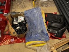 Assorted lot to include rubber waiders, oil spill mat, hand tools and PVC fittings