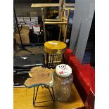 Assorted small stools and jar