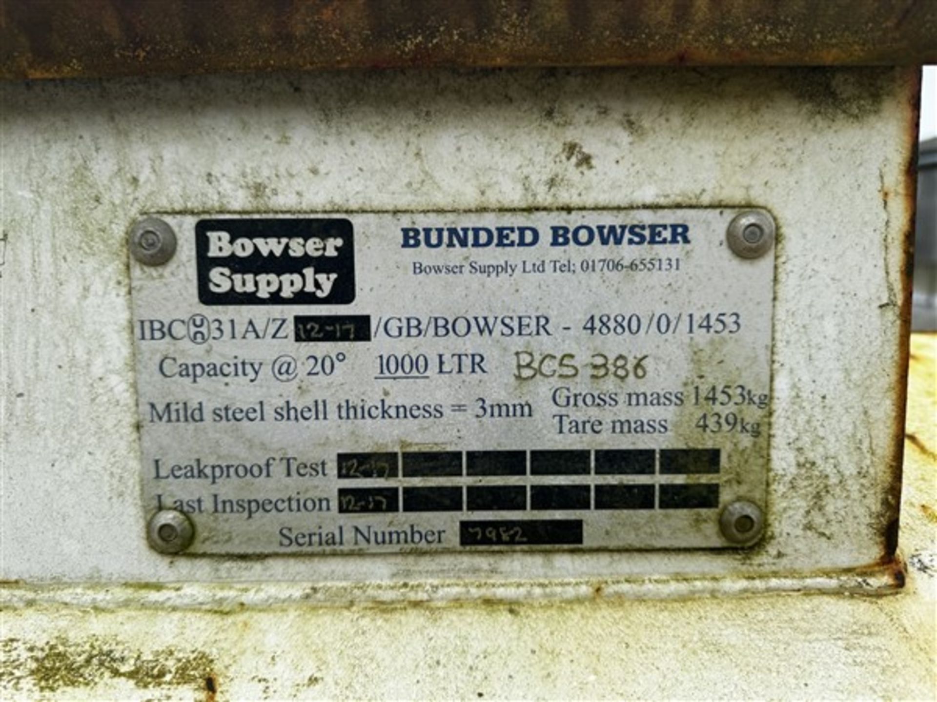 Bowser Supply Bunded Bowser 1000L single axle site bowser trailer, serial no. 7982 - Image 3 of 5