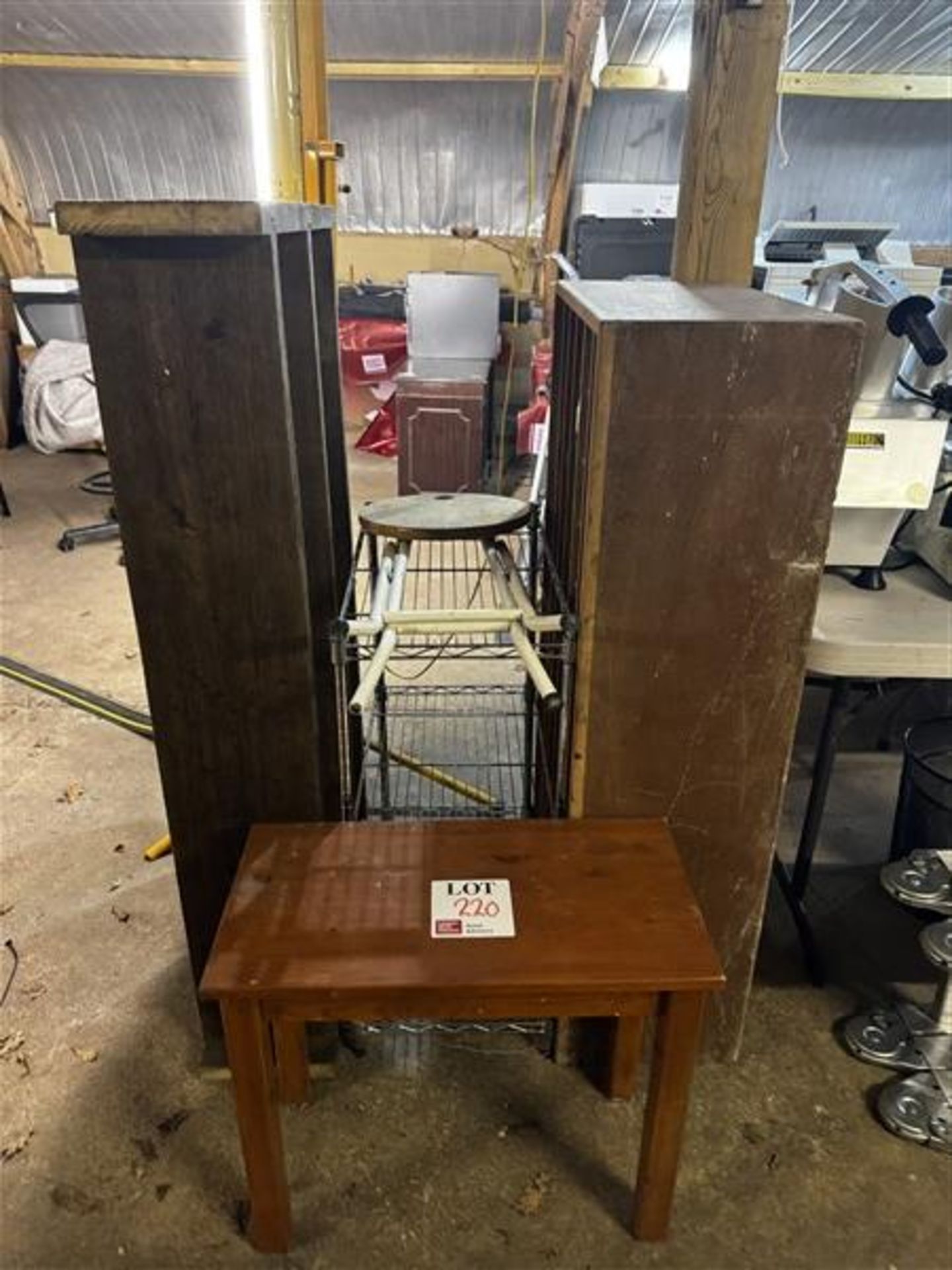 Assorted LOT to include wooden shelves, small table, wire rack, chair & wooden display/storage unit