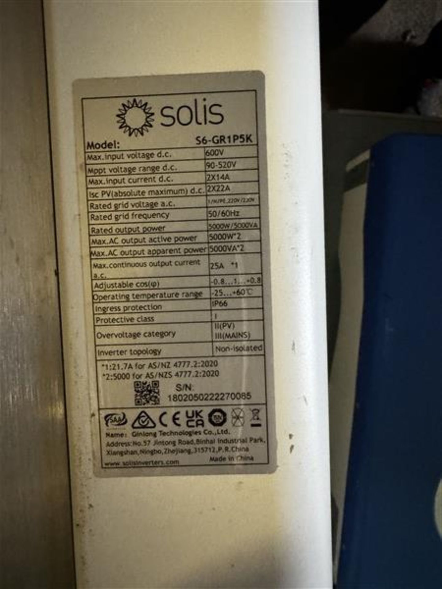 Solis 56 Series inverter, model 56/GR1P5K, serial no. 1802050222270085 - Image 3 of 5