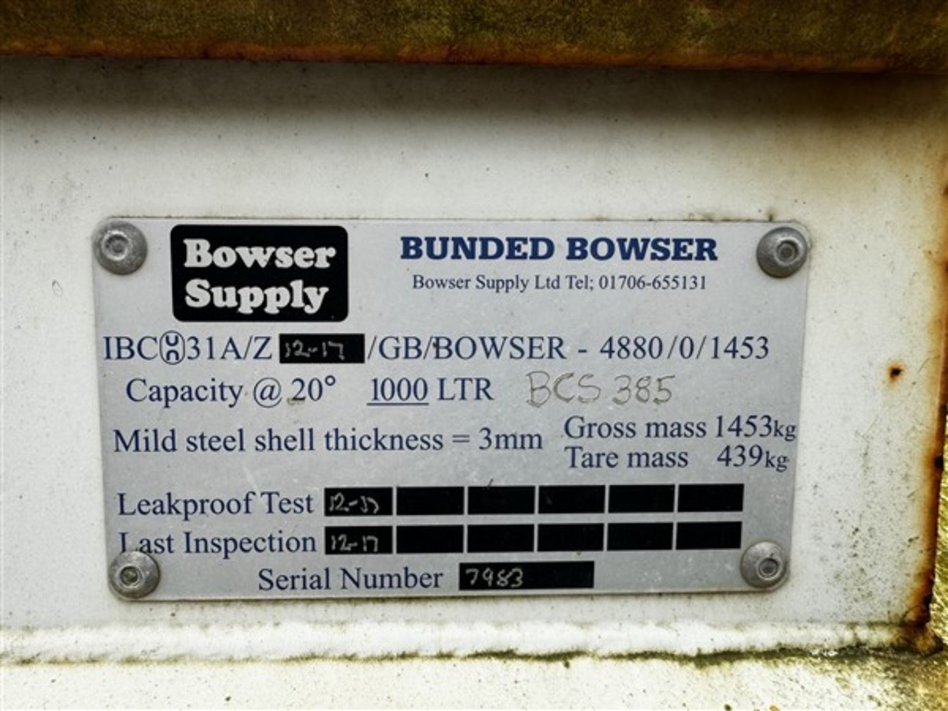 Bowser Supply Bunded Bowser 1000L single axle site bowser trailer, serial no. 7983 - Image 2 of 5