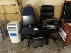 Office set up to include, x2 office chairs, HP printer, Dell Monitor, paper shredder and air