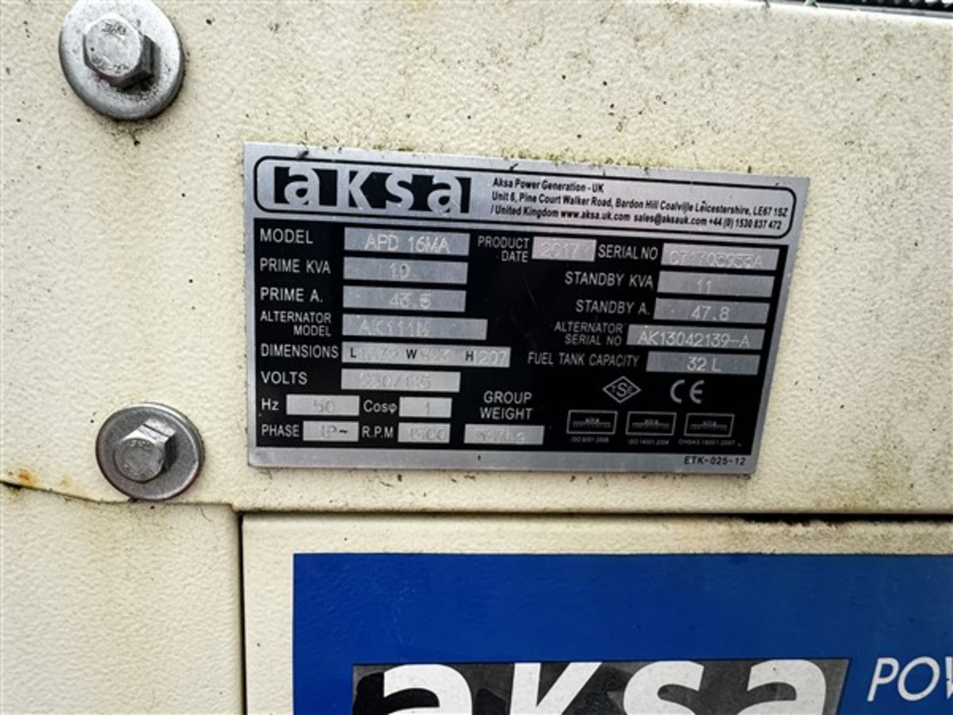 AKSA Power stand by generator, model APD 16 MA, serial no. C71703953A, year 2017, V: 230/115, Phase: - Image 2 of 5