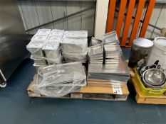 Two pallets of various stainless steel pots & pizza trays, pots, pans, pizza shovels, as lotted