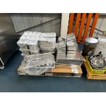 Two pallets of various stainless steel pots & pizza trays, pots, pans, pizza shovels, as lotted