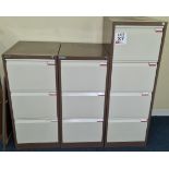 Three coffee & cream filing cabinets (no keys, unlocked)