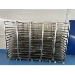 Five 14-shelf stainless steel trolleys with 20 spare shelves