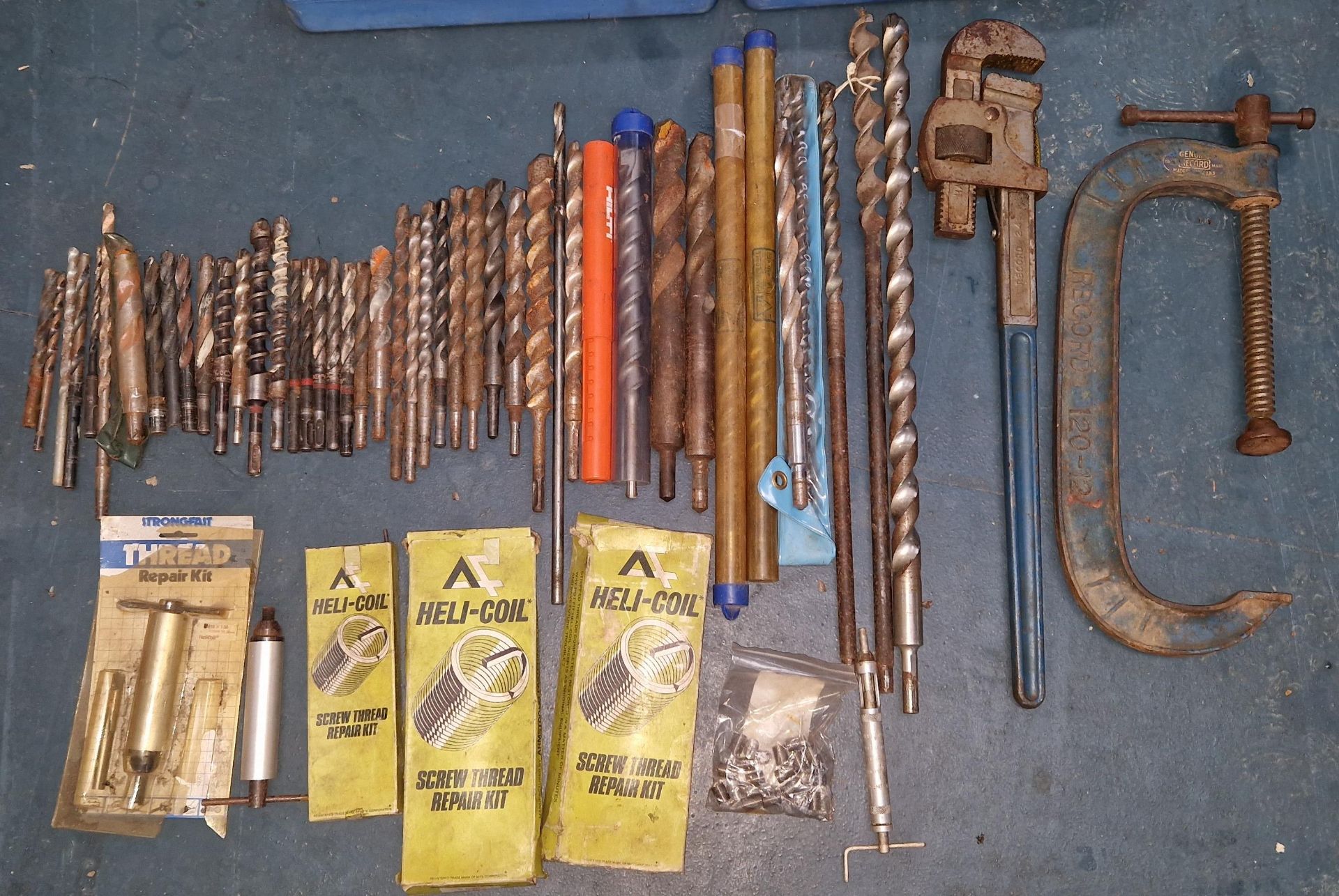 Selection of Large Drill Bits, Helicoil Kits and Large G Clamp