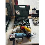Bosch drill, unbranded 110v drill and Silverline angle grinder