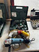 Bosch drill, unbranded 110v drill and Silverline angle grinder