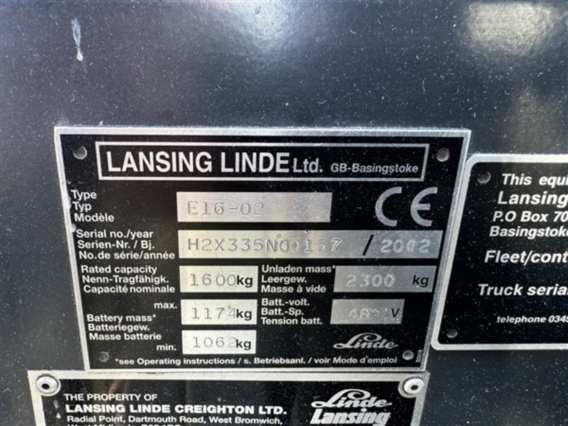 Linde Lansing E16-02 electric forklift 4.5m, 1600kg, serial no. H2X335N00157 (2002), service due - Image 6 of 17