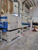 2015 SK Machinery Calibration Sanding Line comprising Top Sander, Transfer Conveyor and Bottom Sande