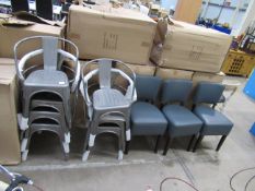 7x gun metal stackable chairs with 3x leather Memplys style chairs