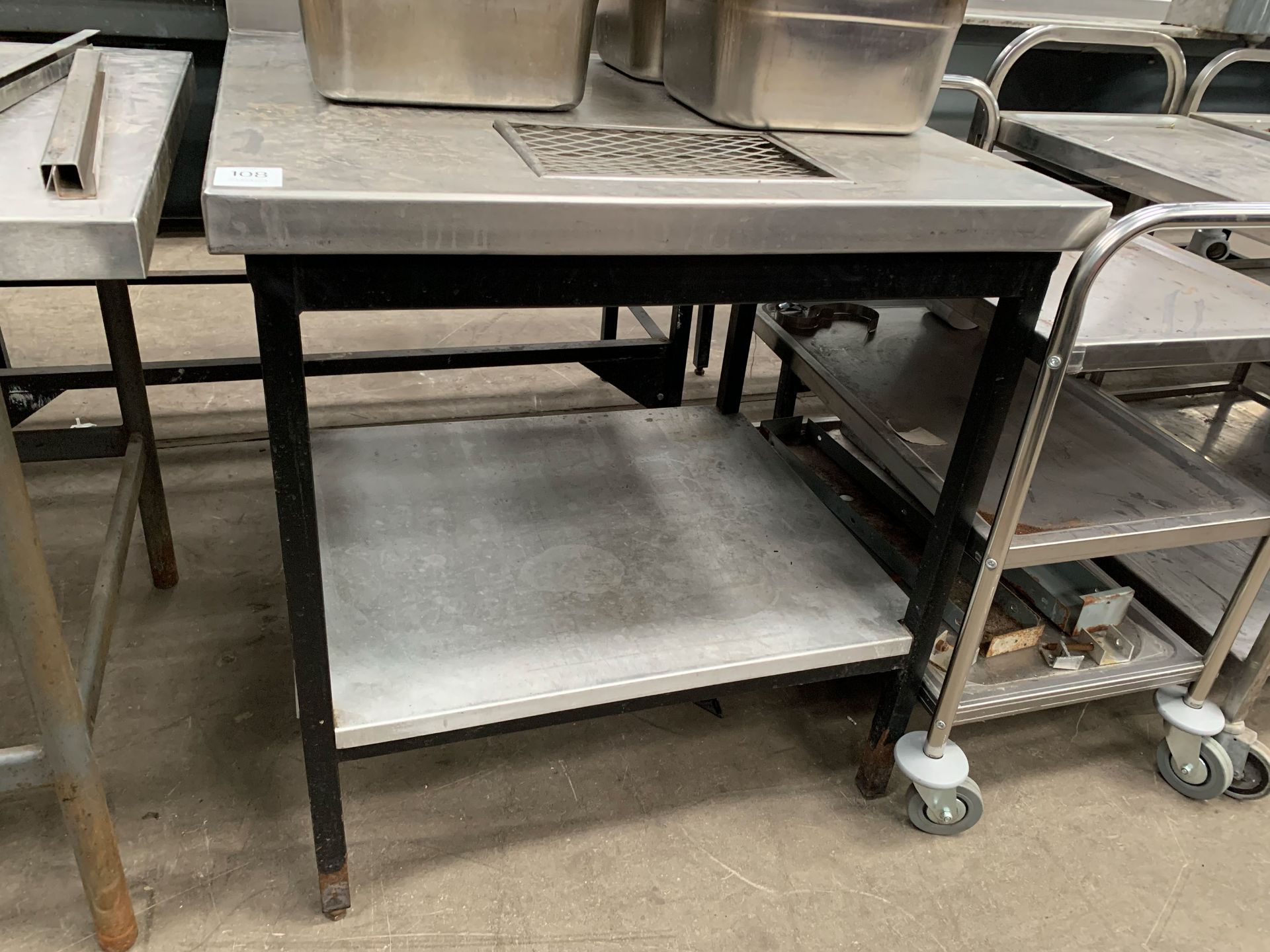 Stainless Steel Topped Prep Table with grated drain, undertier and splashback