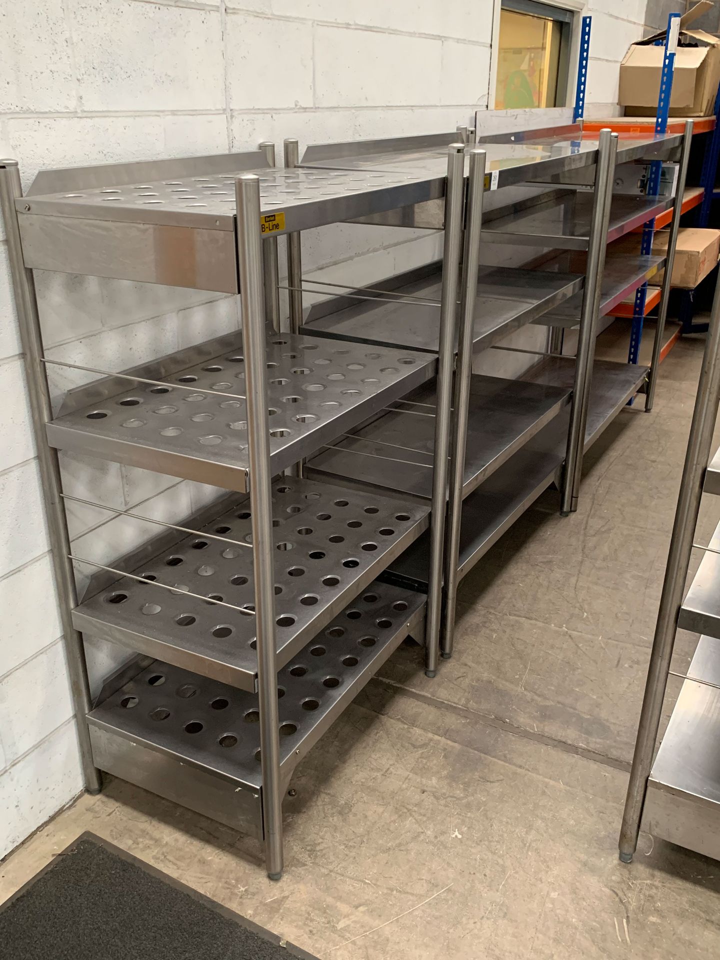 3x Stainless Steel 4 Shelf Boltless Shelving Units - one with holes