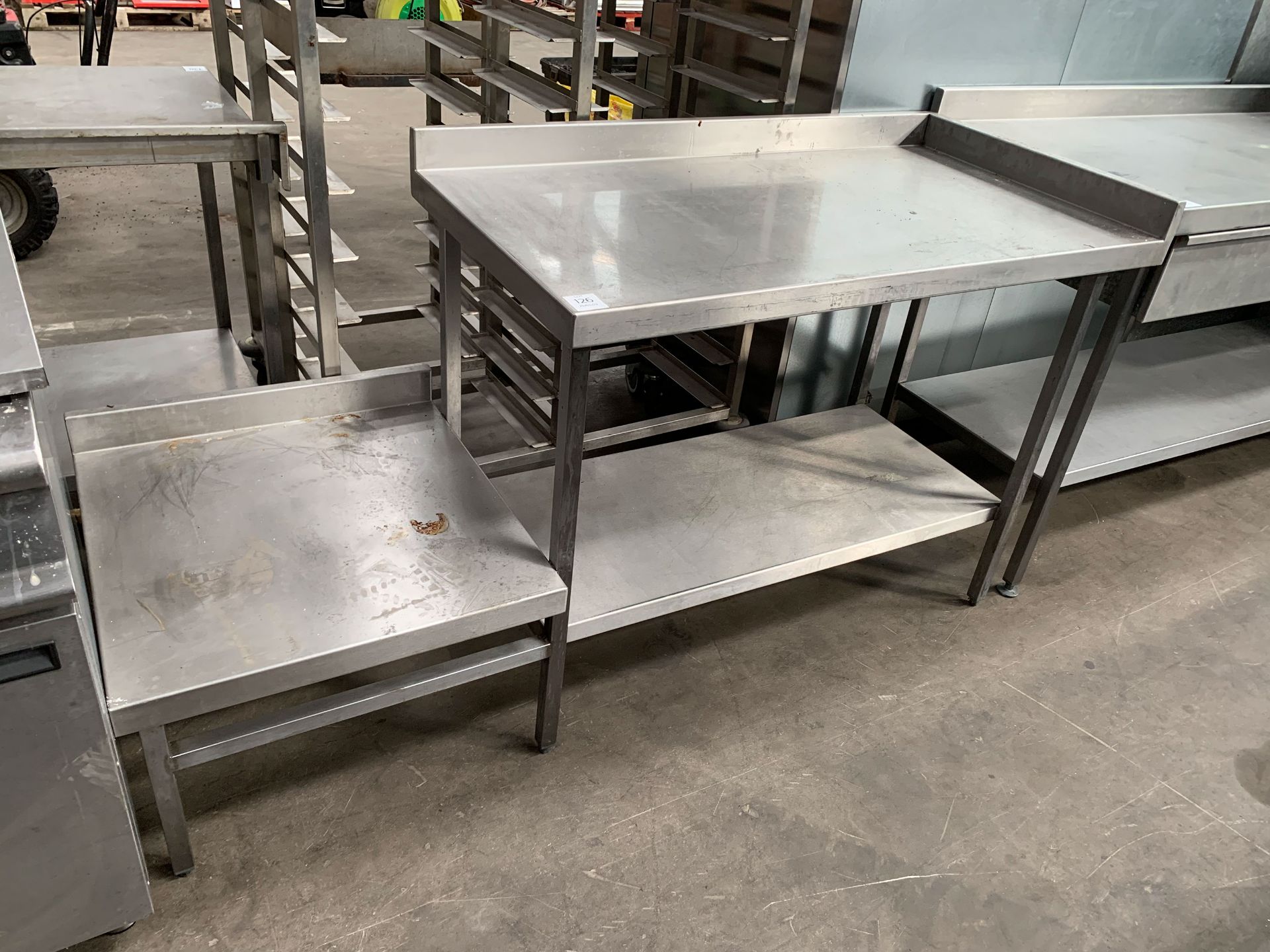 Bespoke 2-tier Stainless Steel Prep Table with Lower Side Table - all one unit with Splashback