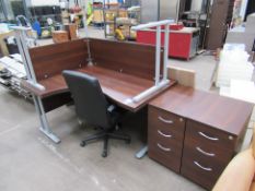 A Left and Right Hand Office Desks and 2x Pedestals all in Dark Walnut, with 1x Operators Chair